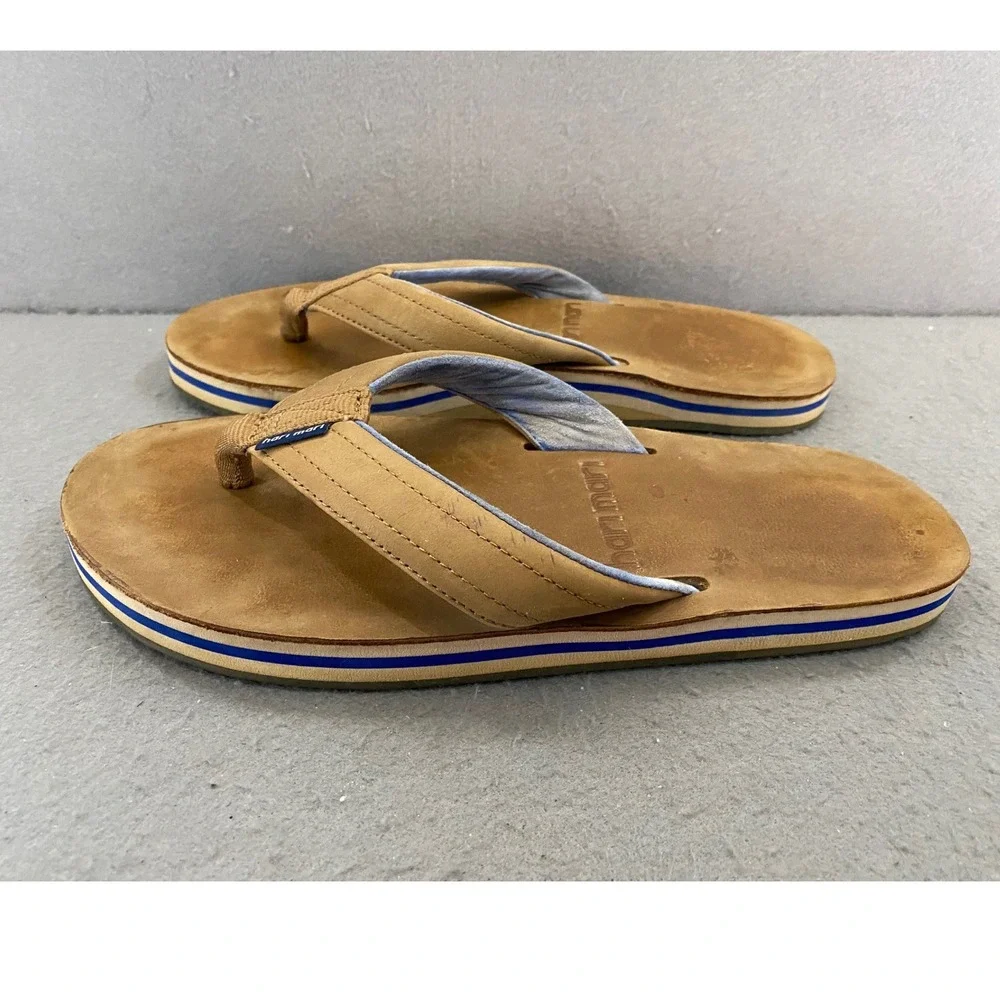 Hari Mari Fields Men 7 Tan Nubuck Leather Flip Flops Navy Blue Stripe Sandals